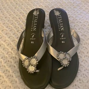 Jeweled thong sandals - wedge type heel about 1.5-2 inches high. Lightly worn.